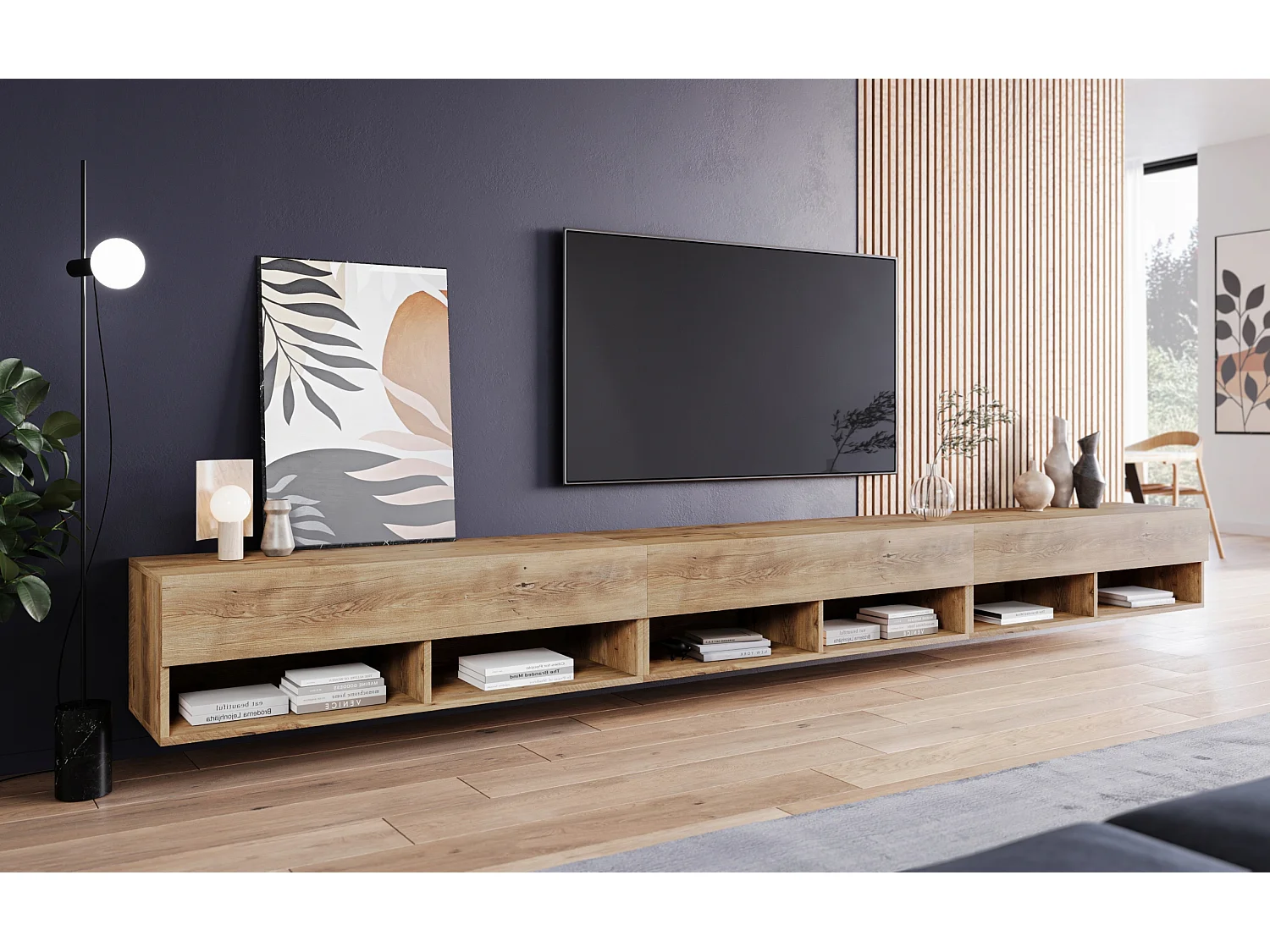 Móvel de TV moderno 300 cm com LED – sem puxadores, castanheiro, suspenso ou de pé