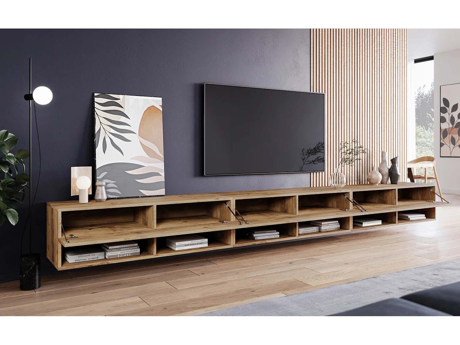 Móvel de TV moderno 300 cm com LED – sem puxadores, castanheiro, suspenso ou de pé