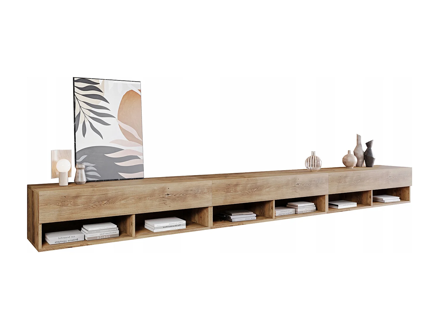 Modernes 300 cm TV-Stand mit LED-Beleuchtung - Grifflos, Kastanie, Boden- oder Wandmontage