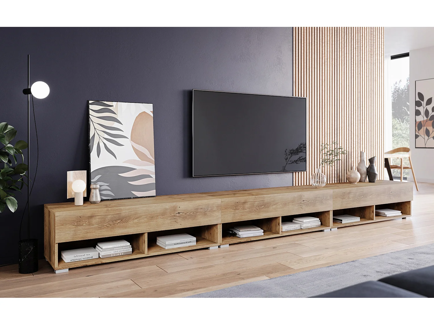 Modernes 300 cm TV-Stand mit LED-Beleuchtung - Grifflos, Kastanie, Boden- oder Wandmontage
