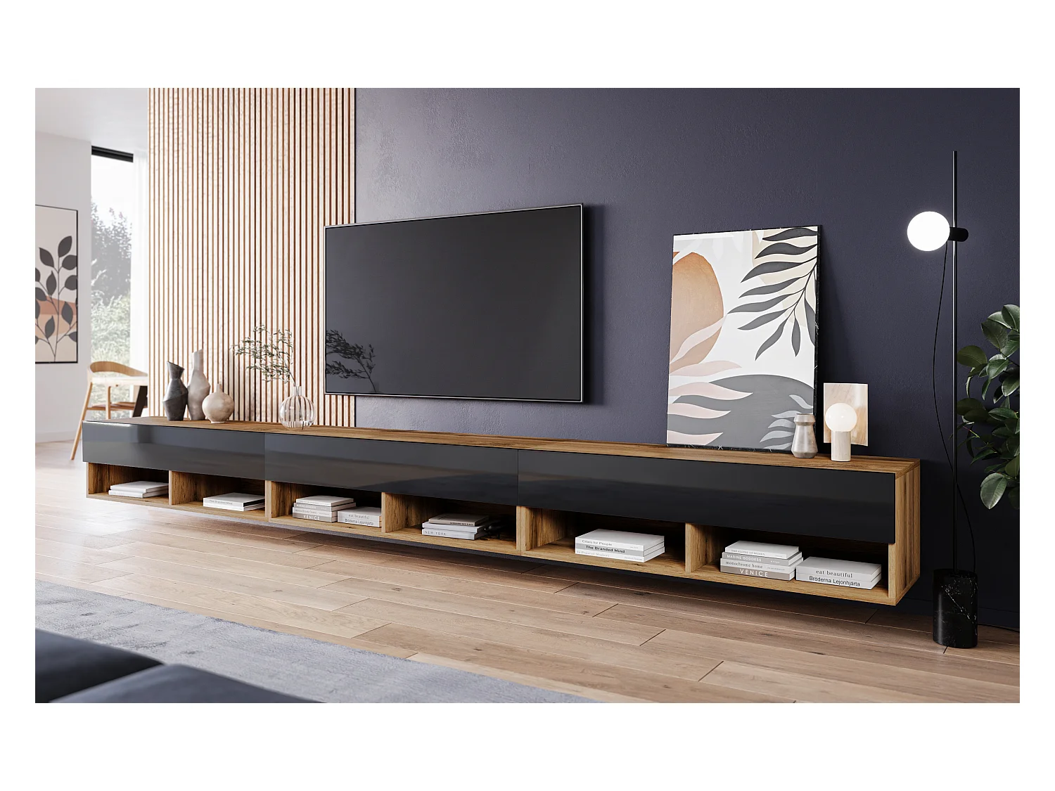 Meuble TV moderne 300 cm avec LED – sans poignées, corps chêne wotan, façades noir brillant Polygloss, posé au sol ou suspendu