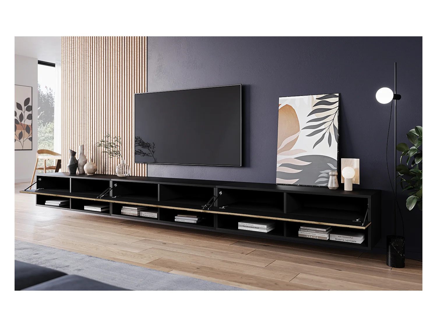 Meuble TV moderne 300 cm avec LED – sans poignées, corps chêne wotan, façades noir brillant Polygloss, posé au sol ou suspendu