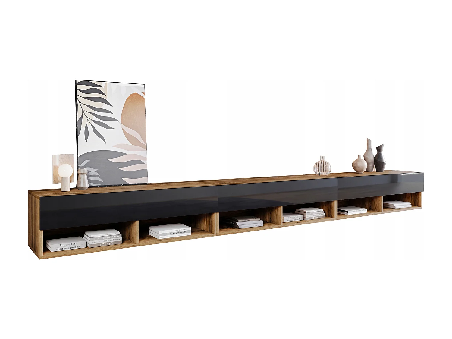 Meuble TV moderne 300 cm avec LED – sans poignées, corps chêne wotan, façades noir brillant Polygloss, posé au sol ou suspendu