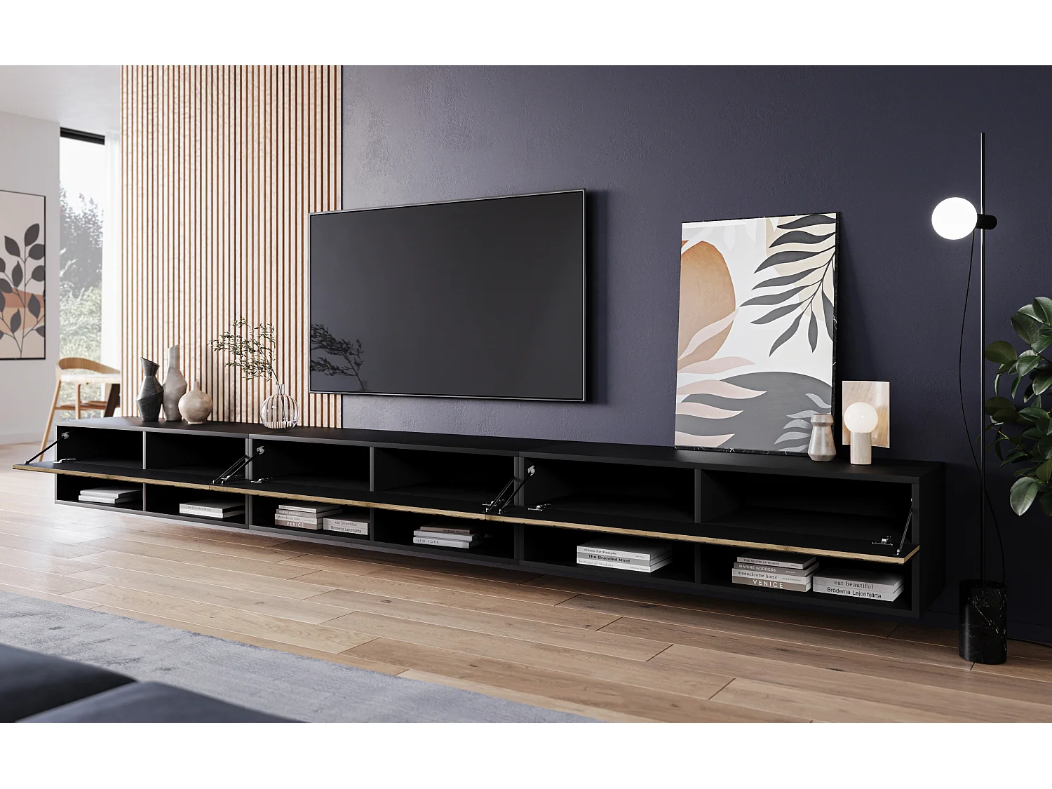 Meuble TV moderne 300 cm avec LED – sans poignées, corps chêne wotan, façades noir brillant Polygloss, posé au sol ou suspendu