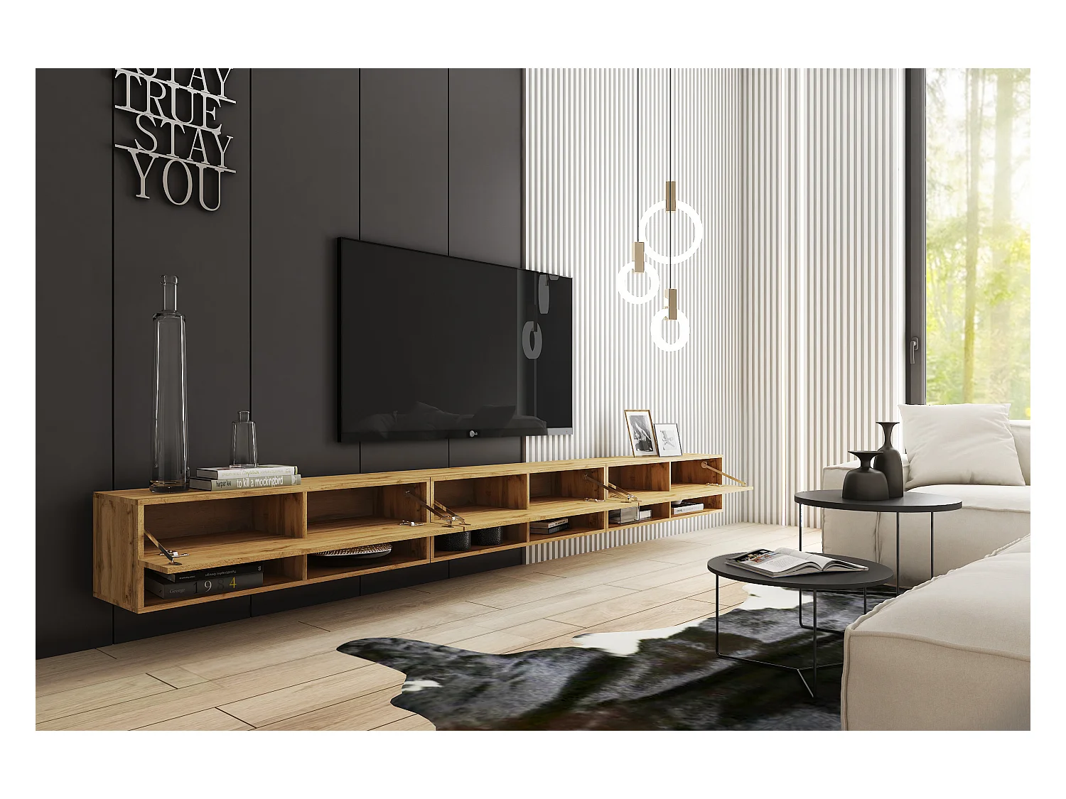 Moderne TV-kast 300 cm met LED – greeploos, eiken wotan, staand of hangend