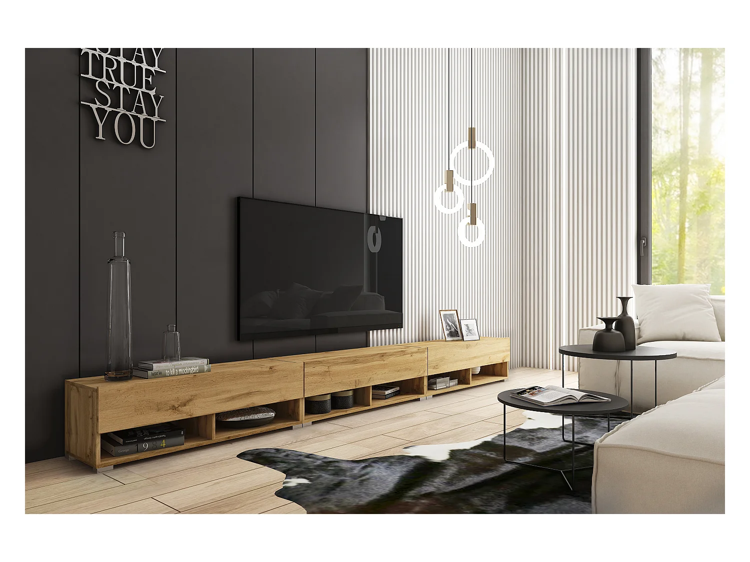 Moderne TV-kast 300 cm met LED – greeploos, eiken wotan, staand of hangend