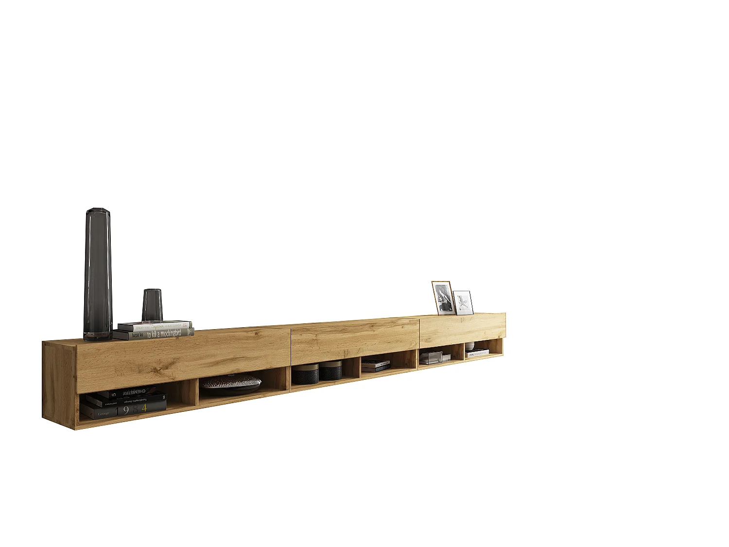 Modern TV-stativ på 300 cm med LED-belysning, matt finish, 3 luckor, 6 hyllor, tillverkad i Polen