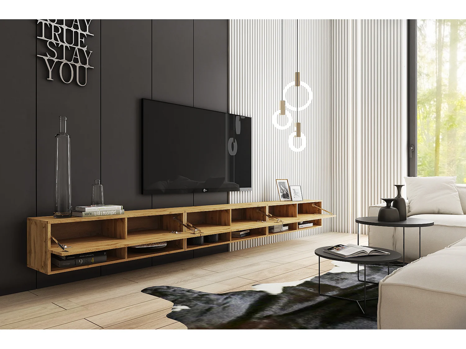 Modern TV-stativ på 300 cm med LED-belysning, matt finish, 3 luckor, 6 hyllor, tillverkad i Polen
