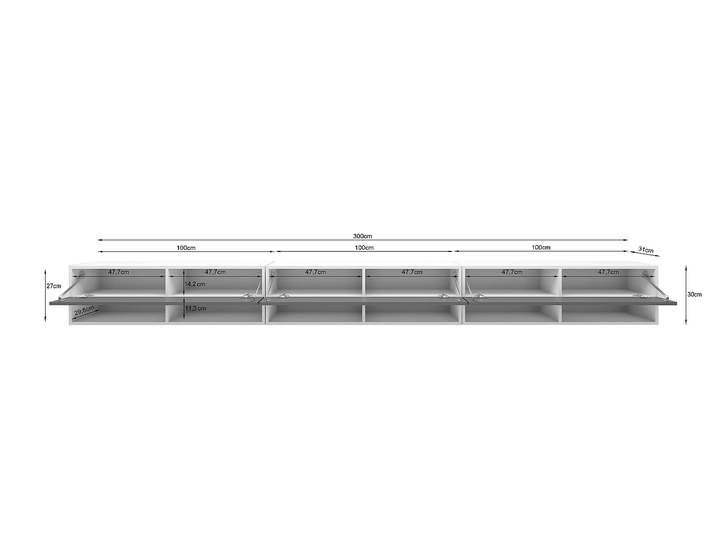 Modern TV-stativ på 300 cm med LED-belysning, matt finish, 3 luckor, 6 hyllor, tillverkad i Polen