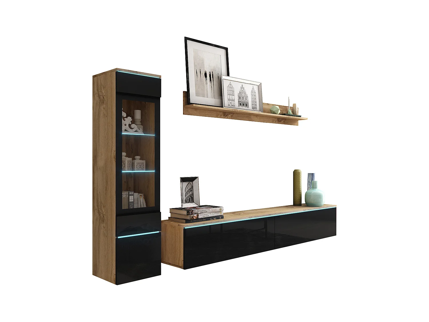 Woonkamer meubelset 3 elementen met LED – TV-meubel 180 cm, vitrine en plank, romp eik Wotan, fronten zwart hoogglans