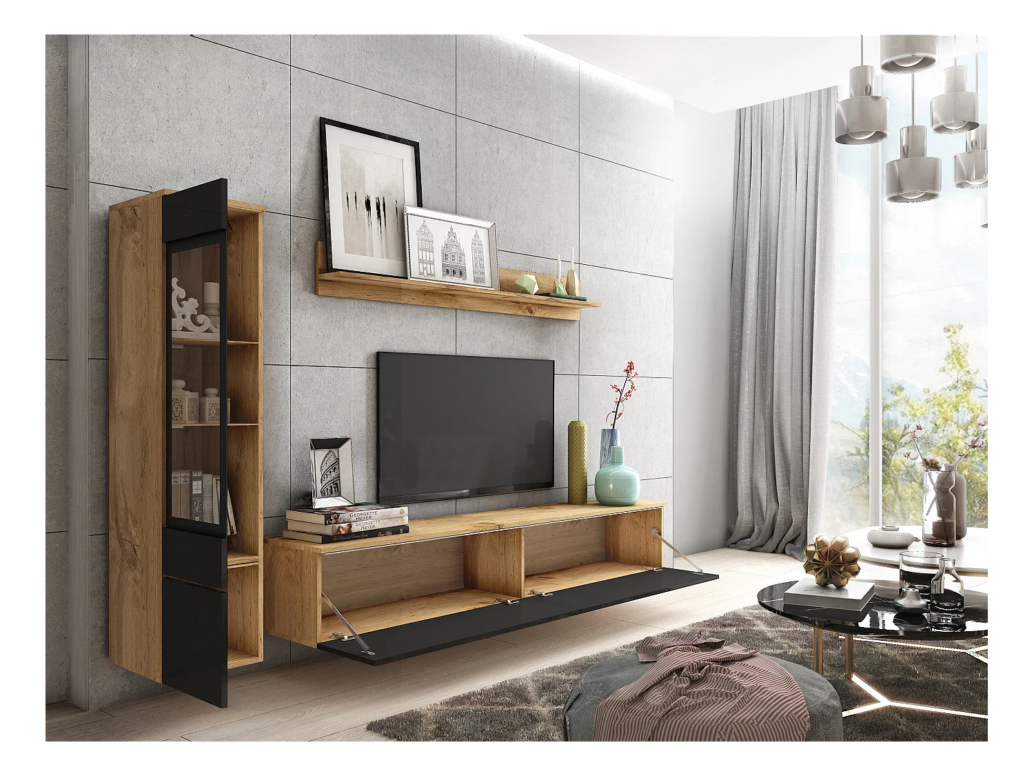 Woonkamer meubelset 3 elementen met LED – TV-meubel 180 cm, vitrine en plank, romp eik Wotan, fronten zwart hoogglans