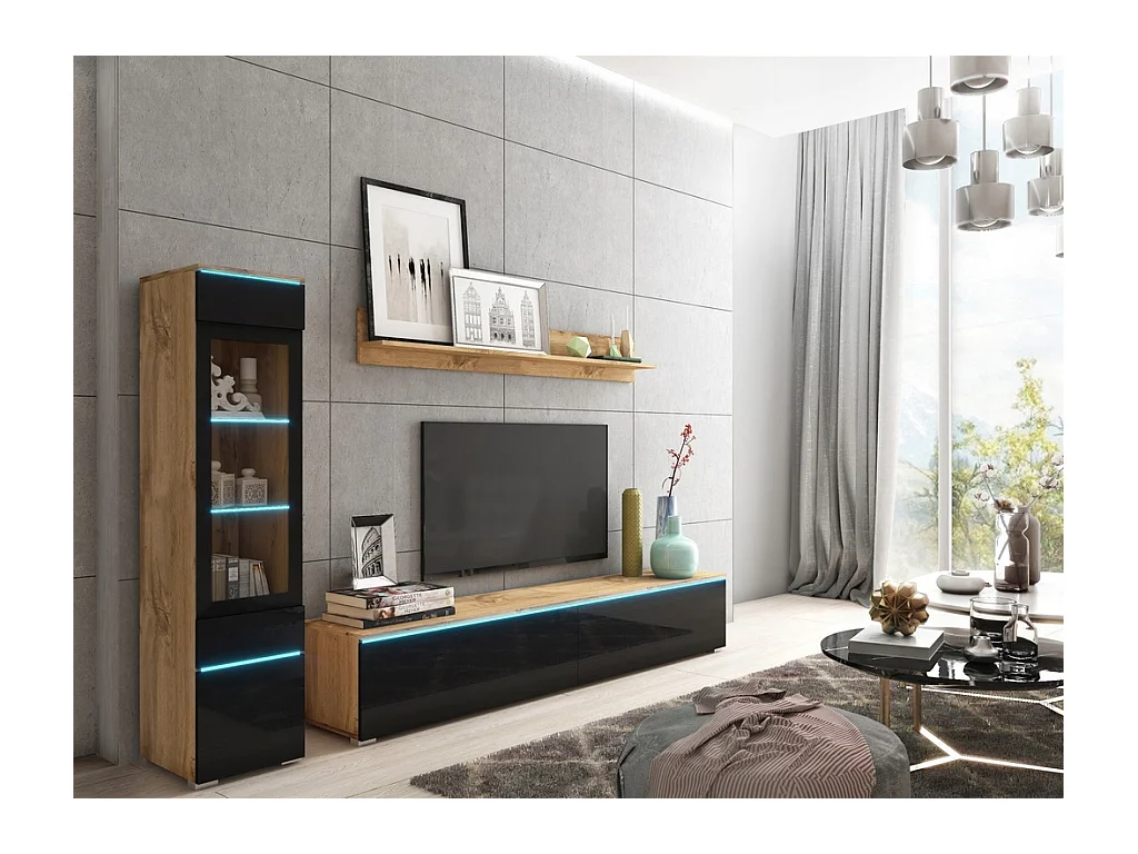 Woonkamer meubelset 3 elementen met LED – TV-meubel 180 cm, vitrine en plank, romp eik Wotan, fronten zwart hoogglans