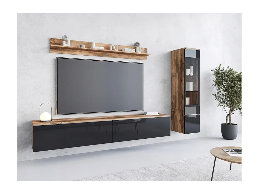 Woonkamer meubelset 3 elementen met LED – TV-meubel 180 cm, vitrine en plank, romp eik Wotan, fronten zwart hoogglans
