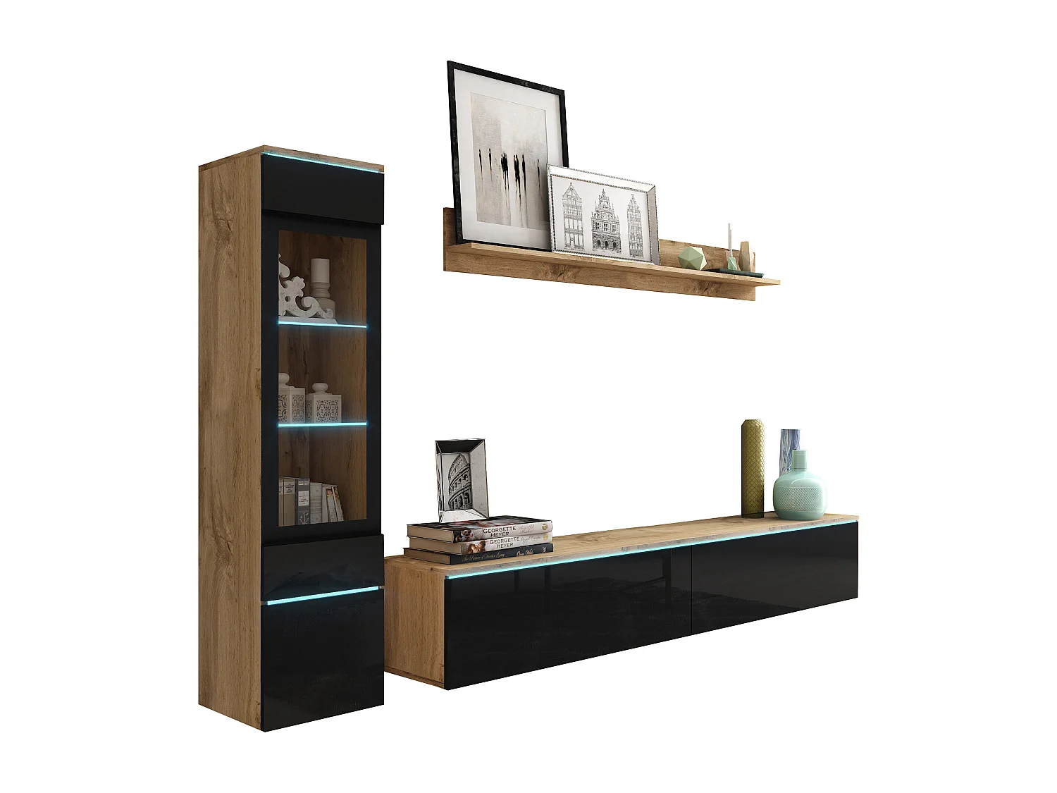 Ensemble de meubles pour salon 3 éléments avec LED – meuble TV 180 cm, vitrine et étagère, corps chêne Wotan, façades noir brillant