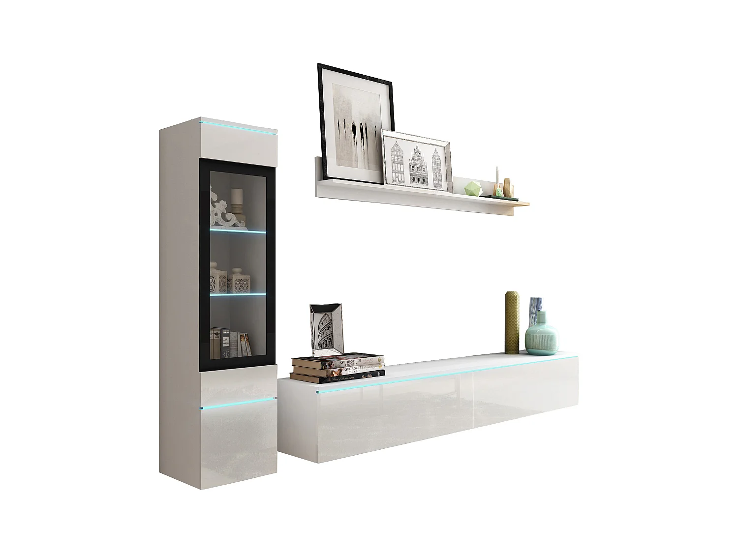 Ensemble de meubles pour salon 3 éléments avec LED – meuble TV 180 cm, vitrine et étagère, corps blanc mat, façades blanc brillant