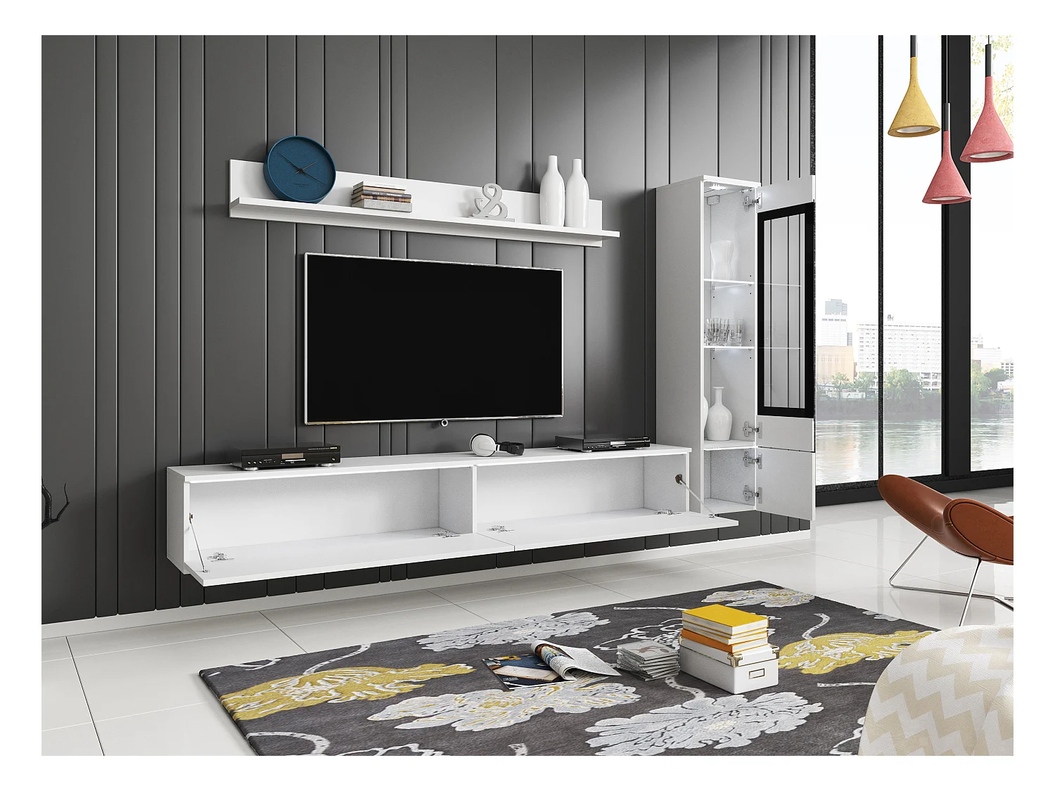 Ensemble de meubles pour salon 3 éléments avec LED – meuble TV 180 cm, vitrine et étagère, corps blanc mat, façades blanc brillant