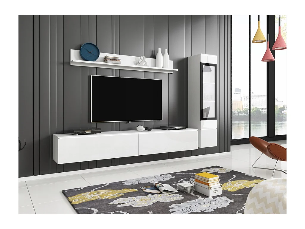 Ensemble de meubles pour salon 3 éléments avec LED – meuble TV 180 cm, vitrine et étagère, corps blanc mat, façades blanc brillant