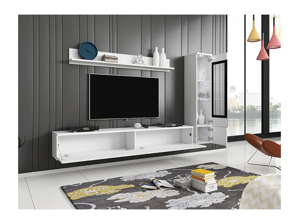 Ensemble de meubles pour salon 3 éléments avec LED – meuble TV 180 cm, vitrine et étagère, corps blanc mat, façades blanc brillant