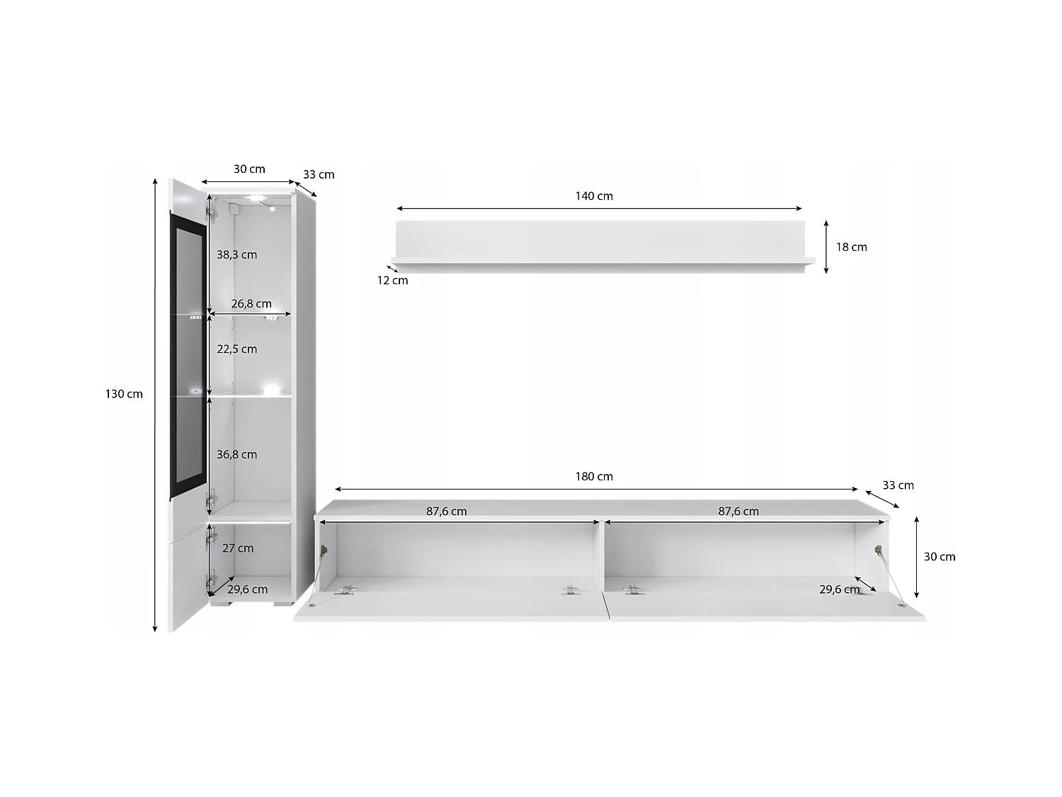 Ensemble de meubles pour salon 3 éléments avec LED – meuble TV 180 cm, vitrine et étagère, corps blanc mat, façades blanc brillant
