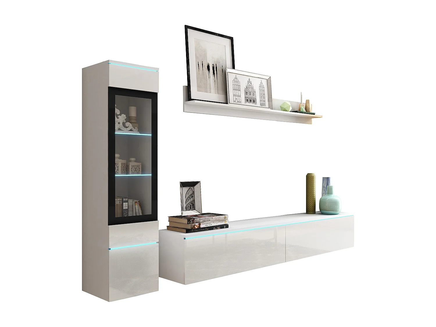 Ensemble de meubles pour salon 3 éléments avec LED – meuble TV 180 cm, vitrine et étagère, corps blanc mat, façades blanc brillant