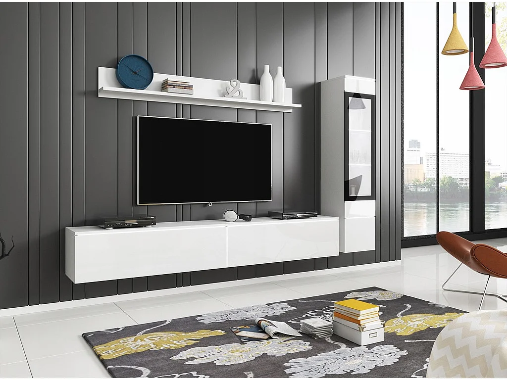 Ensemble de meubles pour salon 3 éléments avec LED – meuble TV 180 cm, vitrine et étagère, corps blanc mat, façades blanc brillant