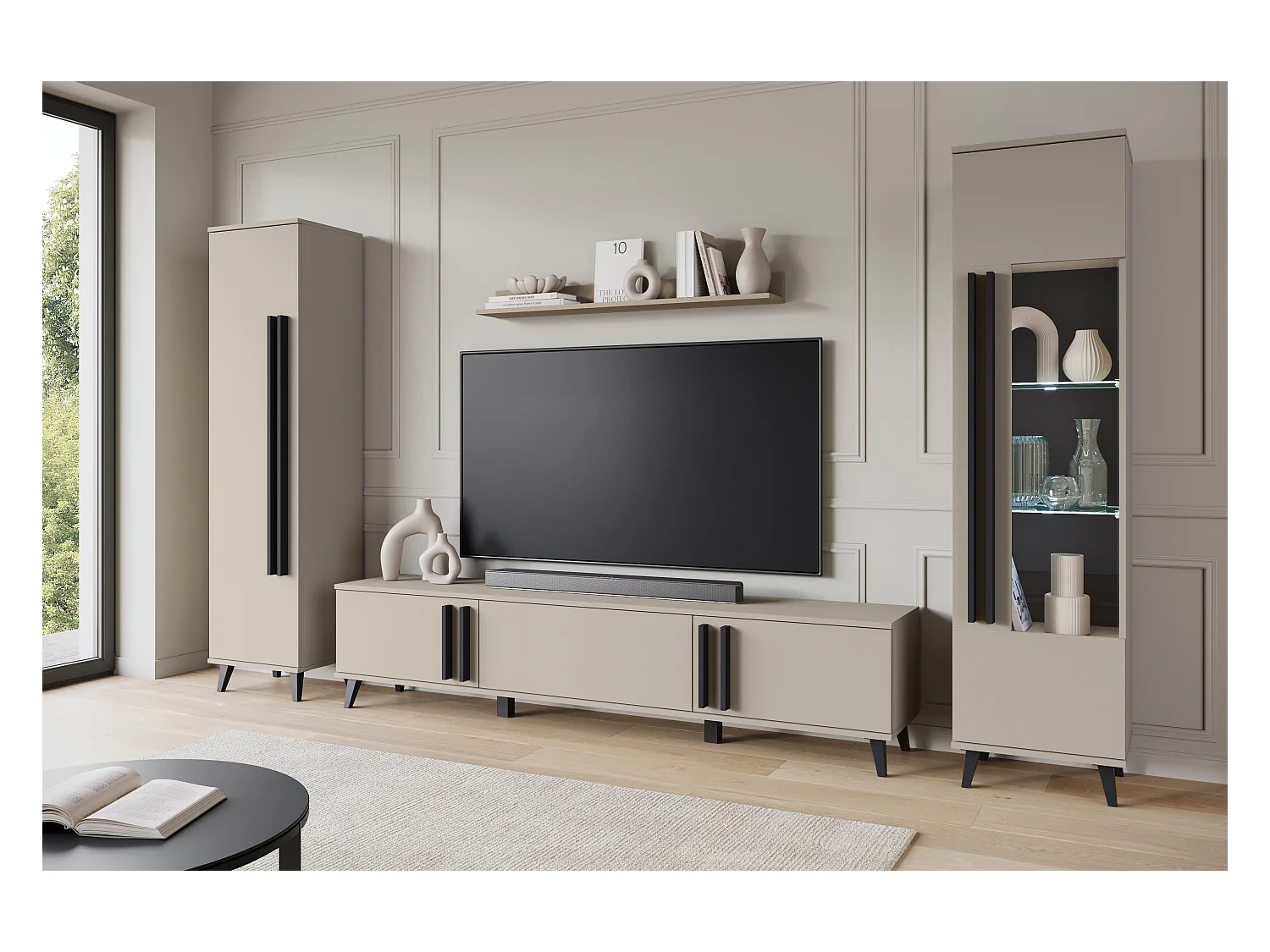 Mueble de salón sobre patas con LED– set TV 180 cm, vitrina, estantería, balda Congo mate
