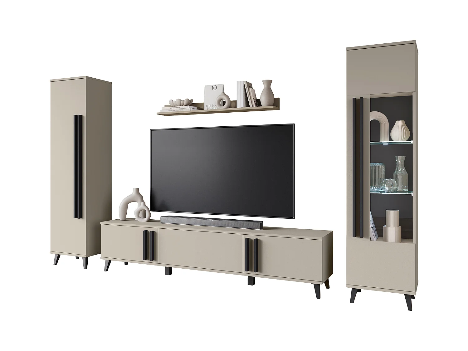 Mueble de salón sobre patas con LED– set TV 180 cm, vitrina, estantería, balda Congo mate