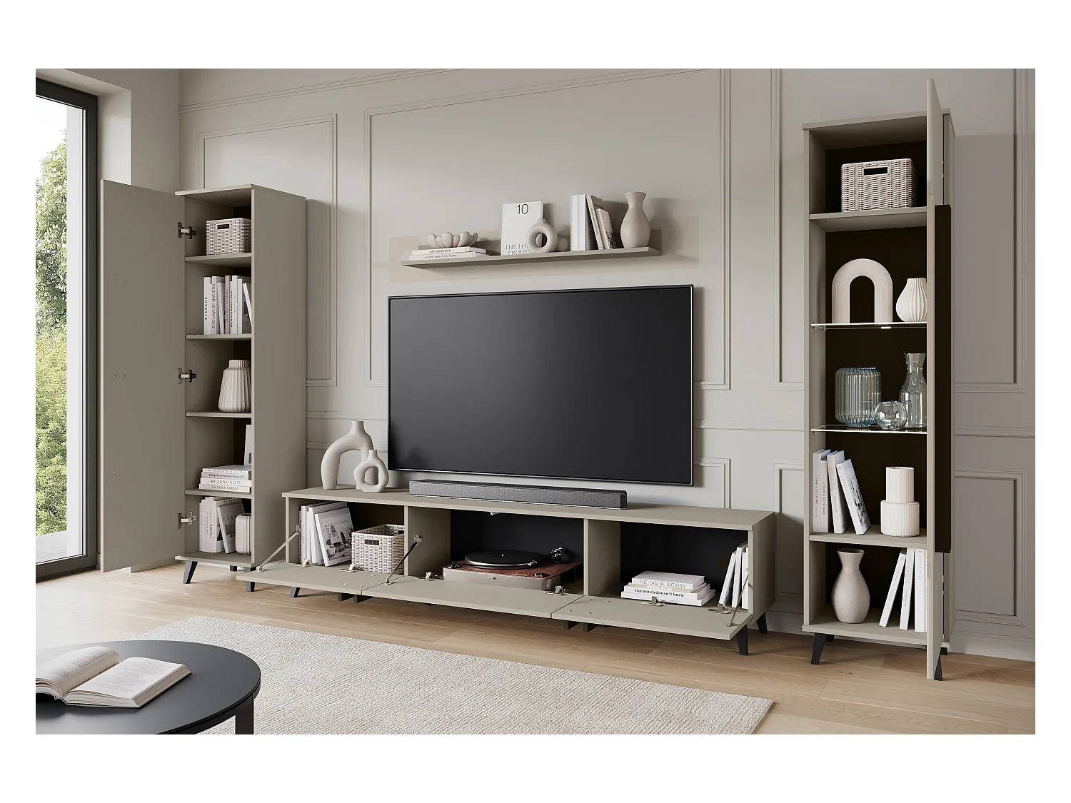 Mueble de salón sobre patas con LED– set TV 180 cm, vitrina, estantería, balda Congo mate