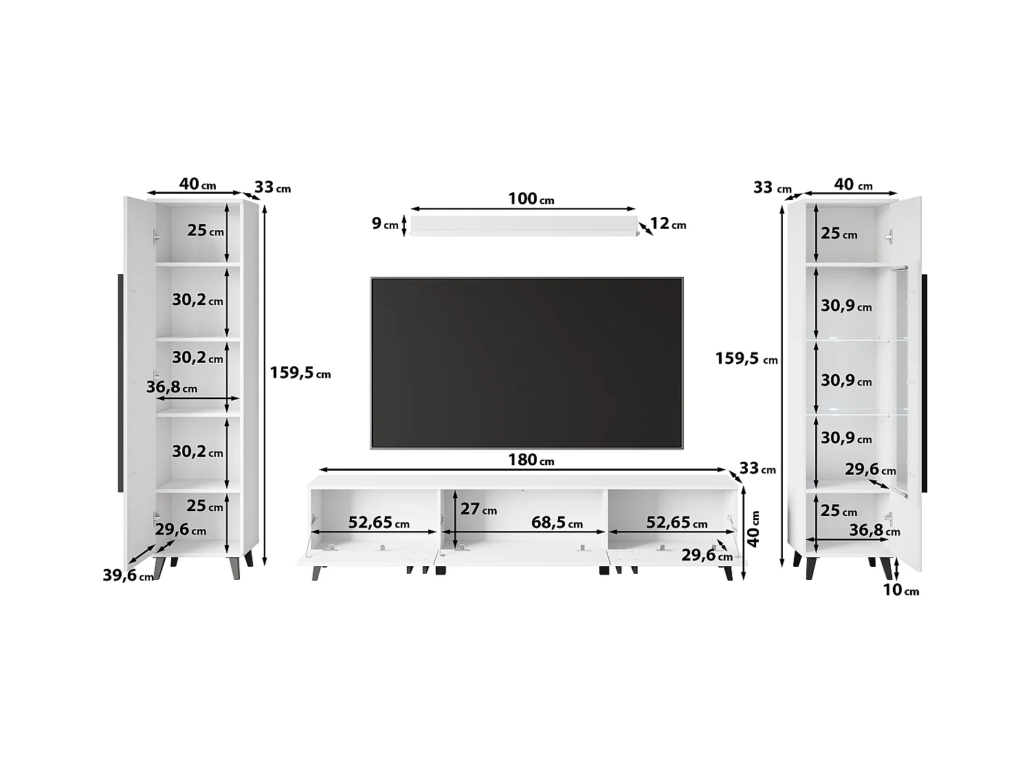 Mueble de salón sobre patas con LED– set TV 180 cm, vitrina, estantería, balda Congo mate