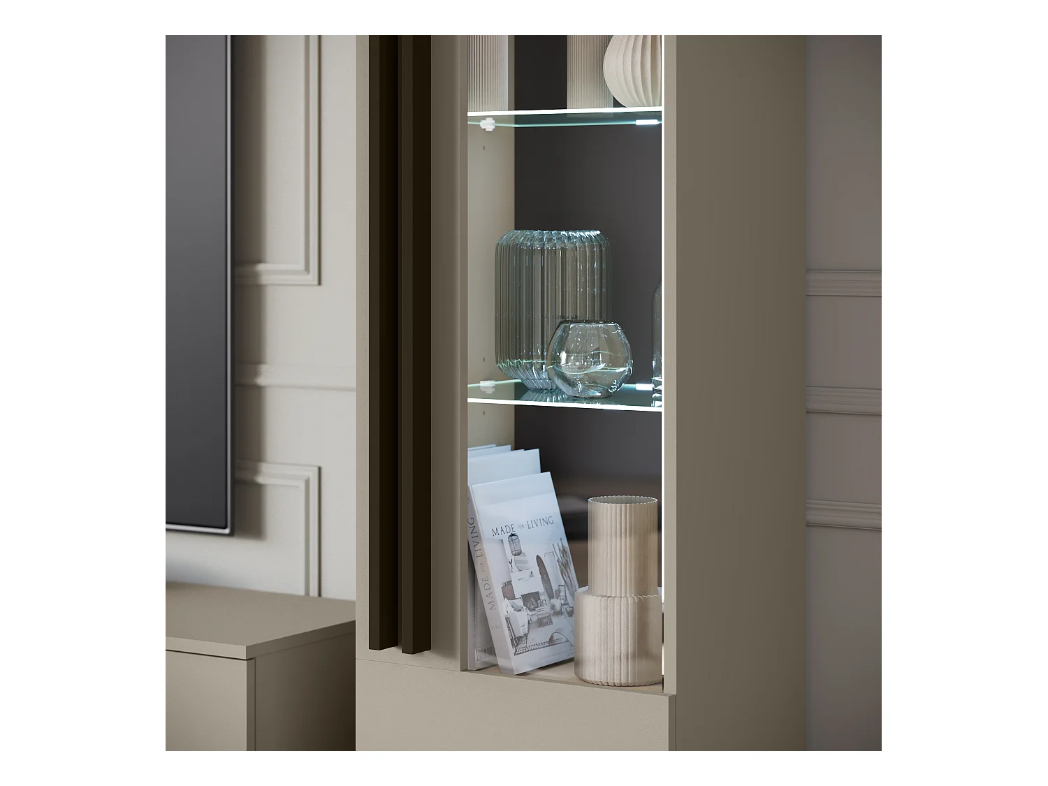 Mueble de salón sobre patas con LED– set TV 180 cm, vitrina, estantería, balda Congo mate