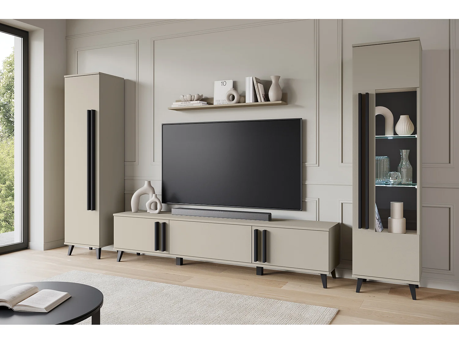 Meblościanka do salonu na nóżkach z LED– zestaw RTV 180 cm, witryna, regał, półka mat Congo mat