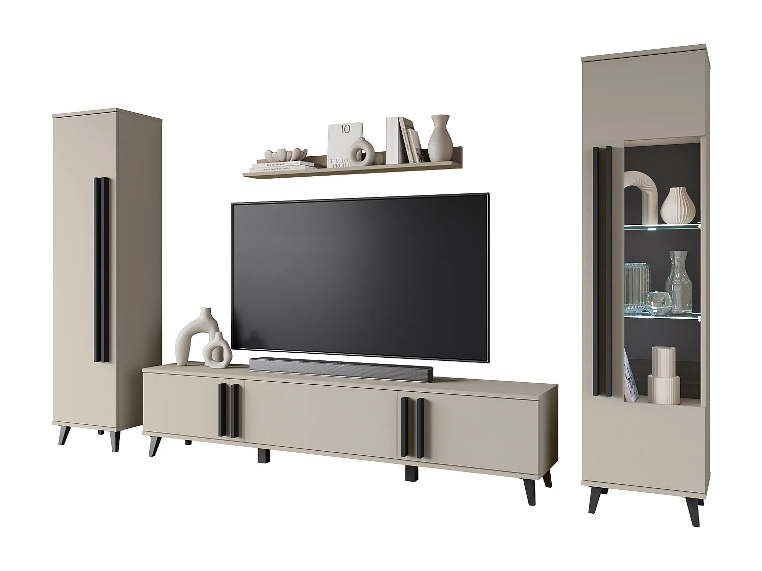 Meblościanka do salonu na nóżkach z LED– zestaw RTV 180 cm, witryna, regał, półka mat Congo mat