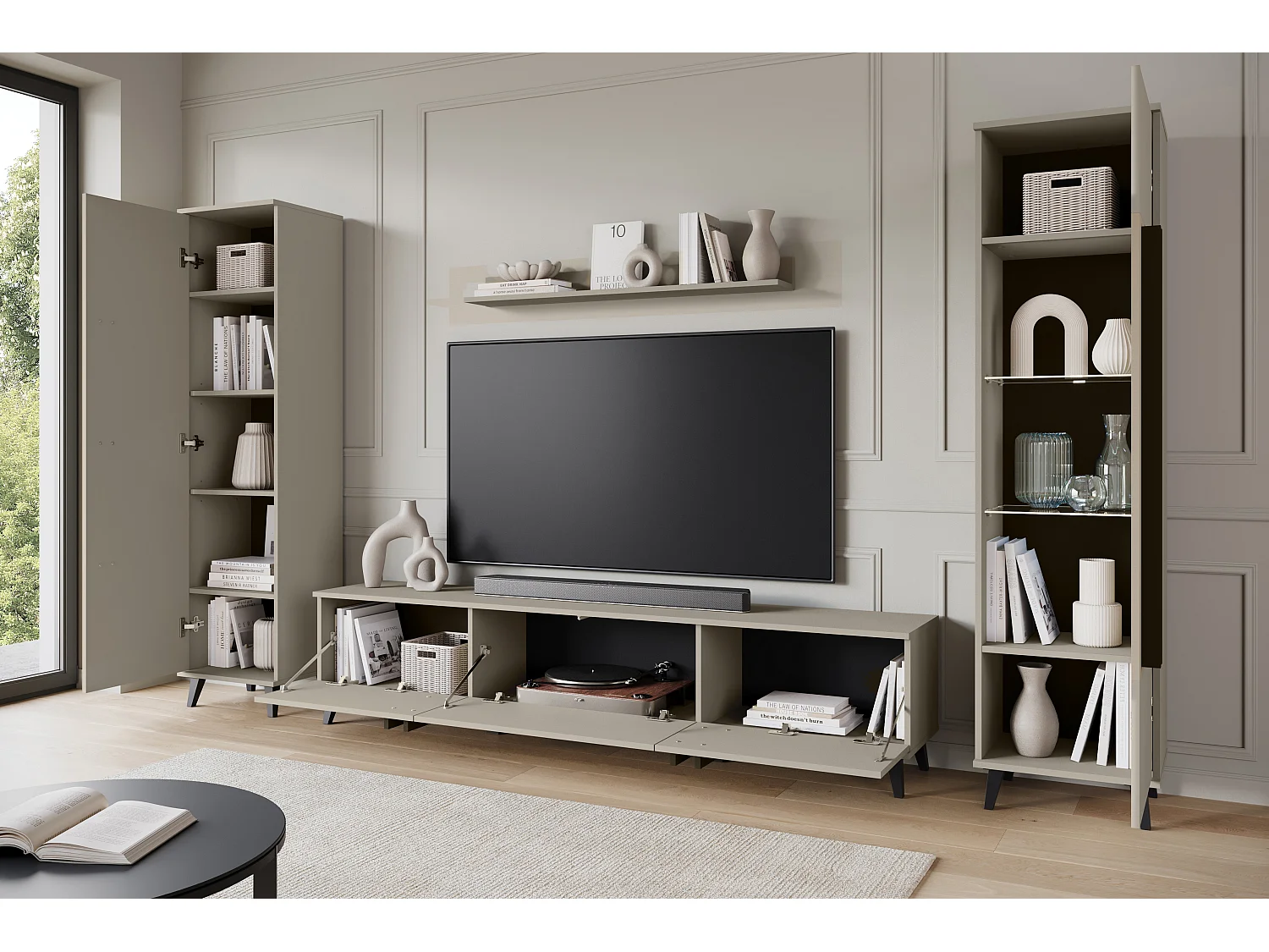 Meblościanka do salonu na nóżkach z LED– zestaw RTV 180 cm, witryna, regał, półka mat Congo mat