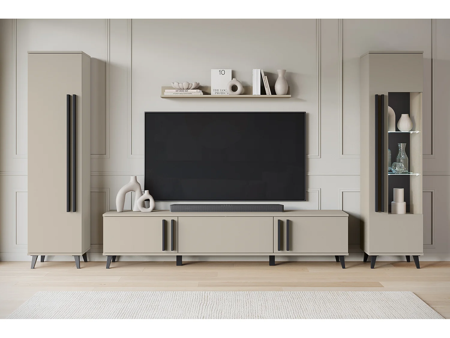 Meblościanka do salonu na nóżkach z LED– zestaw RTV 180 cm, witryna, regał, półka mat Congo mat