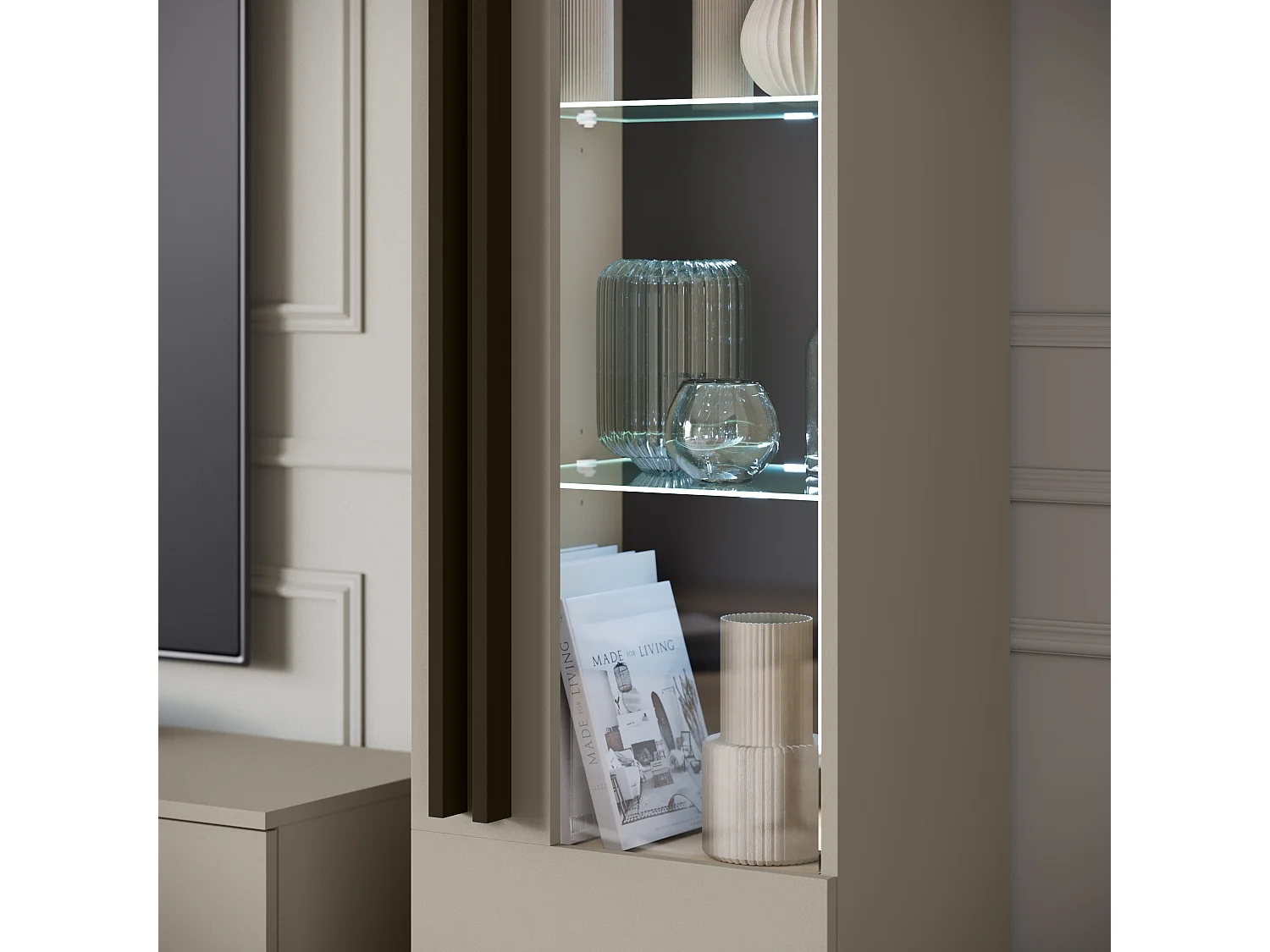 Meblościanka do salonu na nóżkach z LED– zestaw RTV 180 cm, witryna, regał, półka mat Congo mat