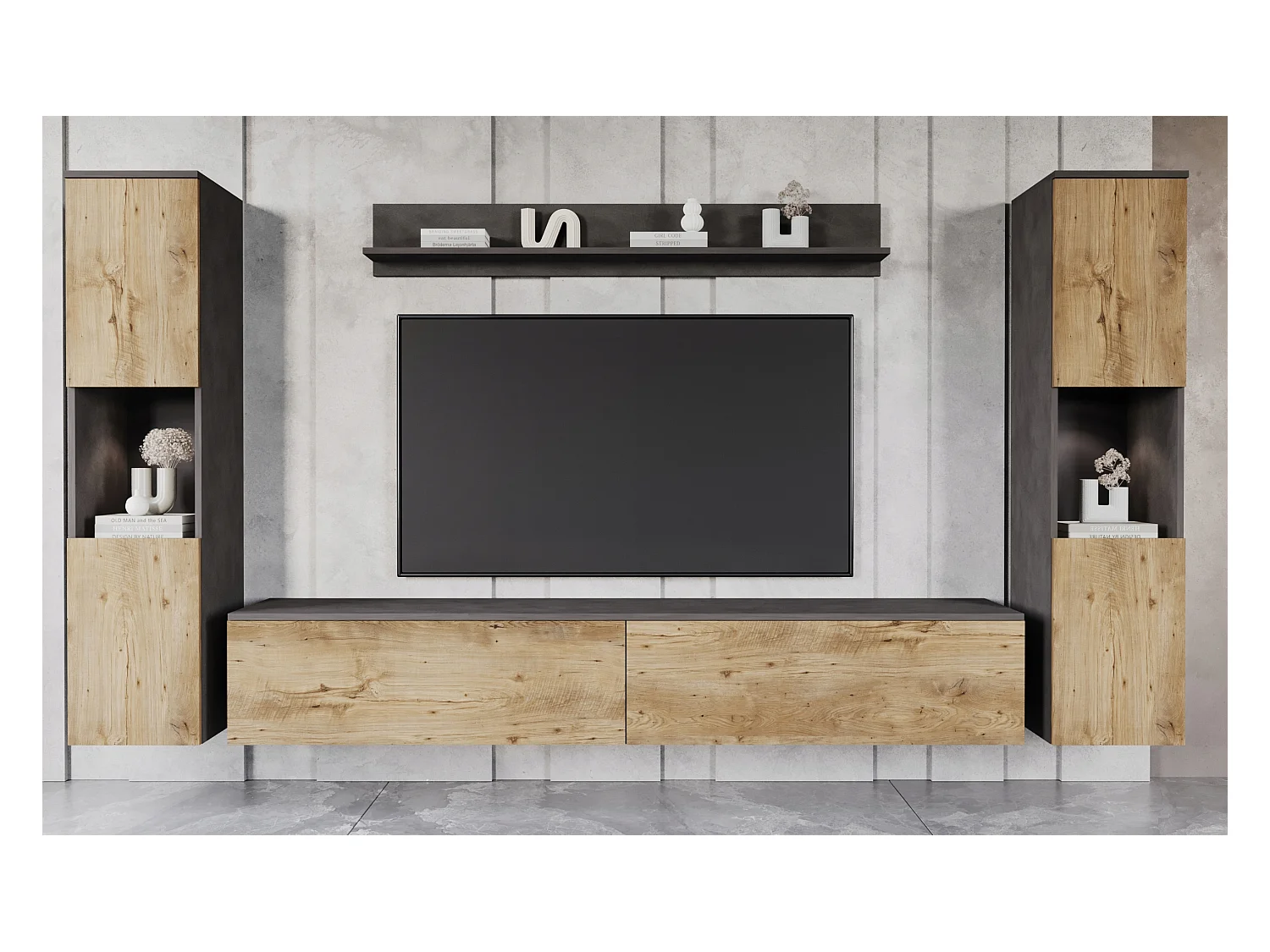 Mural de salon moderne 4 éléments avec LED, 2 colonnes, meuble TV 180 cm et étagère, corps anthracite mat, façades châtaigne