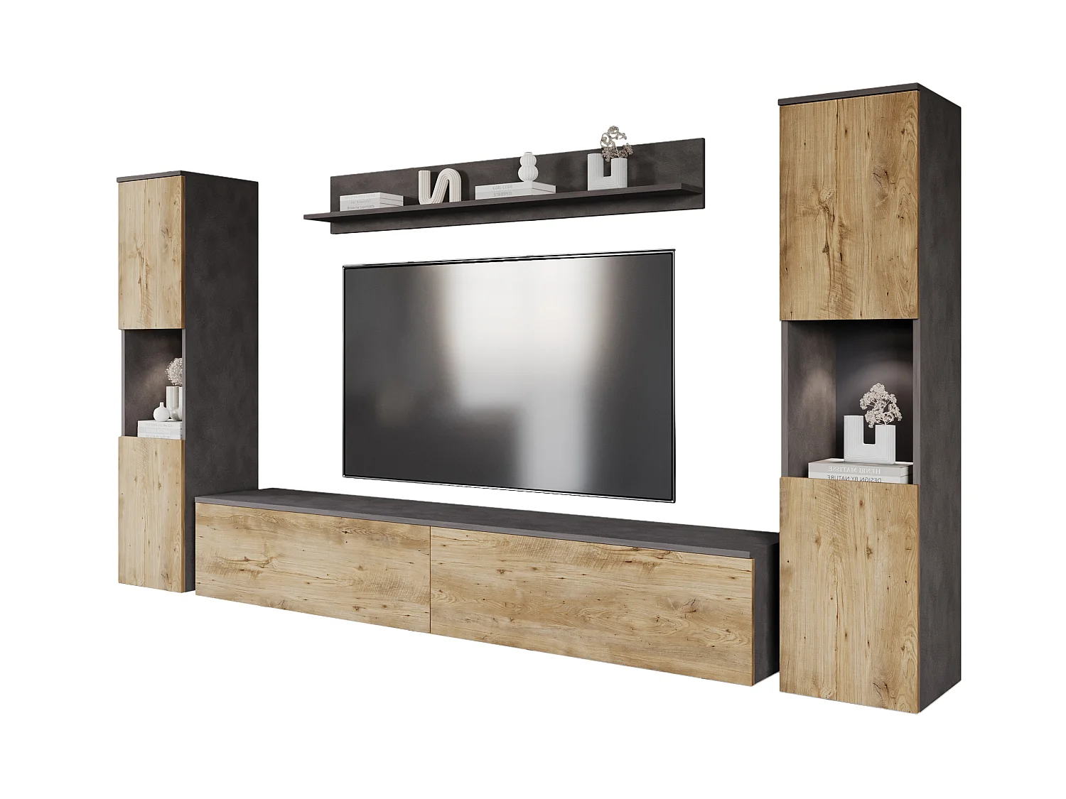 Parete soggiorno moderna 4 elementi con LED, 2 colonne, mobile TV 180 cm e mensola, corpo antracite opaco, frontali castagno