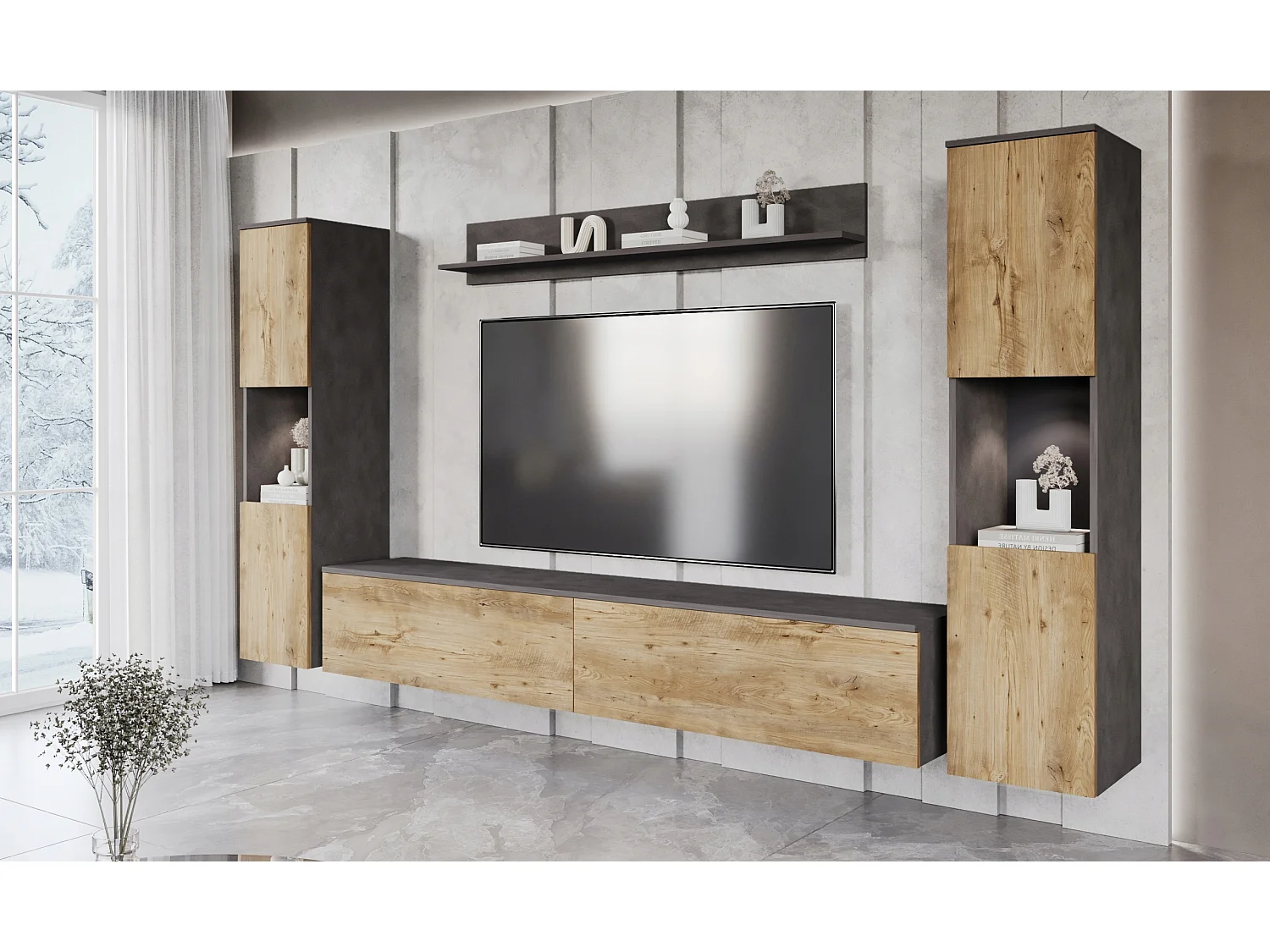 Parete soggiorno moderna 4 elementi con LED, 2 colonne, mobile TV 180 cm e mensola, corpo antracite opaco, frontali castagno