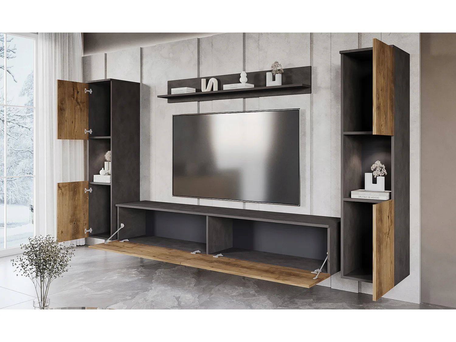 Parete soggiorno moderna 4 elementi con LED, 2 colonne, mobile TV 180 cm e mensola, corpo antracite opaco, frontali castagno