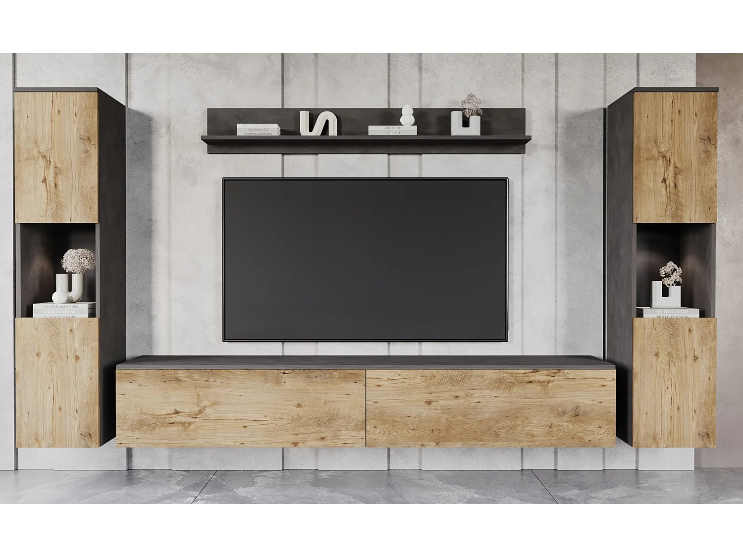 Parete soggiorno moderna 4 elementi con LED, 2 colonne, mobile TV 180 cm e mensola, corpo antracite opaco, frontali castagno