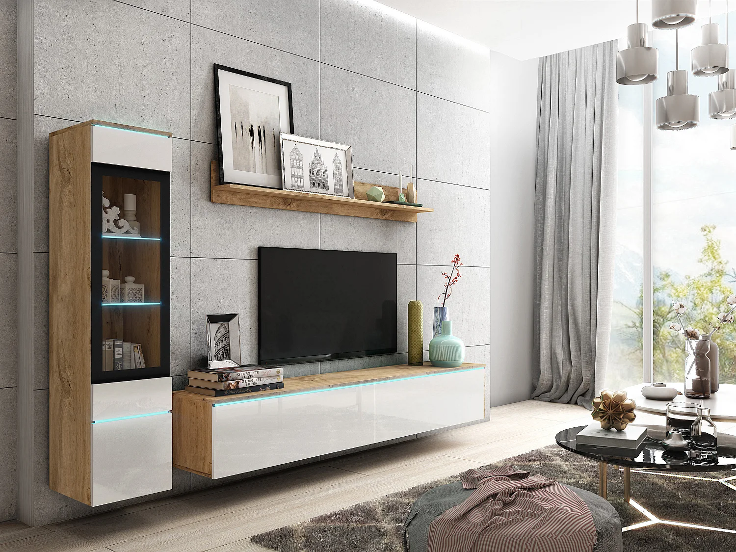 Modernes 3-teiliges LED-Wohnzimmermöbelset - TV-Ständer 180 cm, Vitrine, Regal, Wotan-Eichenkorpus, Glänzende weiße Fronten