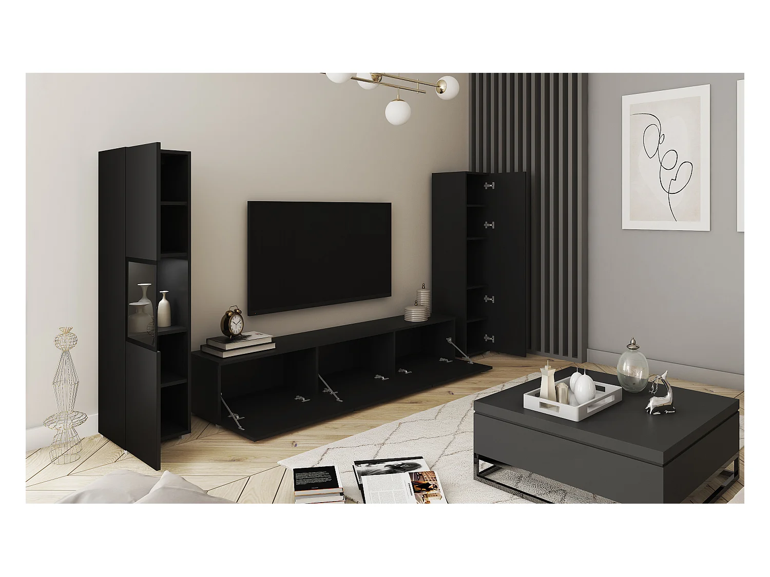 Mural de salon moderne avec éclairage LED, ensemble suspendu et posé avec meuble TV 180 cm, vitrine et colonne, corps noir mat