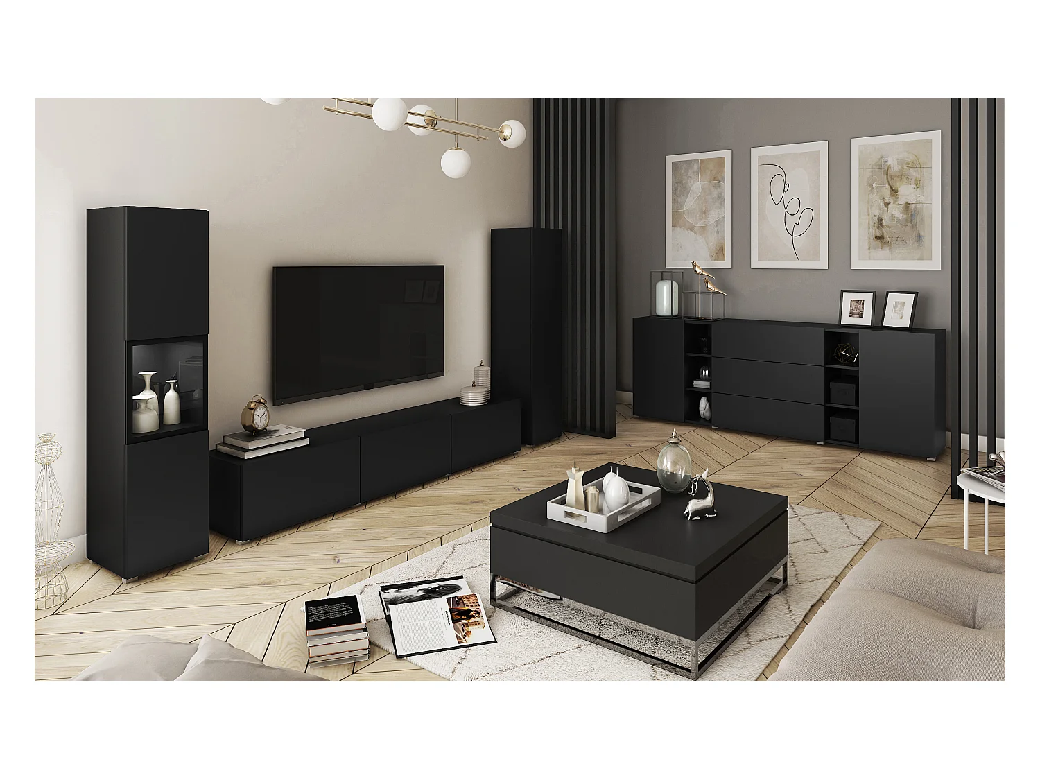 Mural de salon moderne avec éclairage LED, ensemble suspendu et posé avec meuble TV 180 cm, vitrine et colonne, corps noir mat