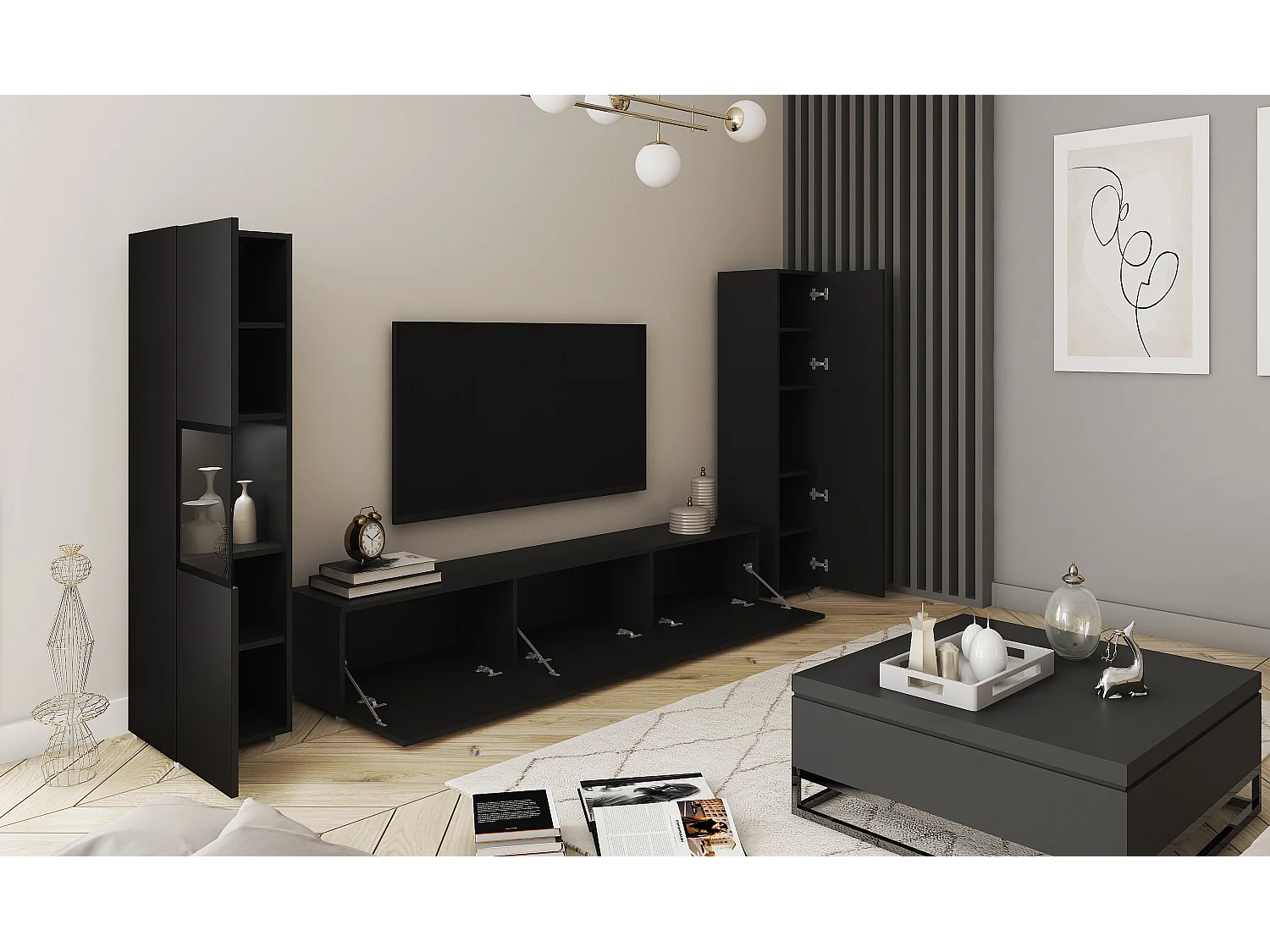 Mural de salon moderne avec éclairage LED, ensemble suspendu et posé avec meuble TV 180 cm, vitrine et colonne, corps noir mat