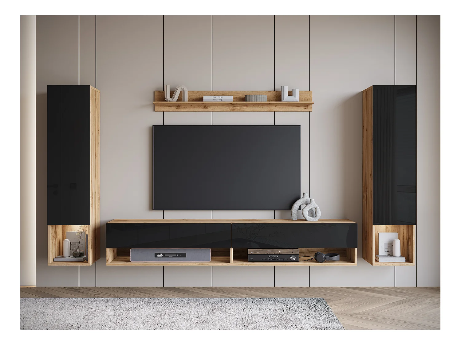 Mur TV moderne avec LED – ensemble mural suspendu pour salon 2 colonnes + meuble TV 180 cm + étagère, corps chêne wotan, façades noir brillant