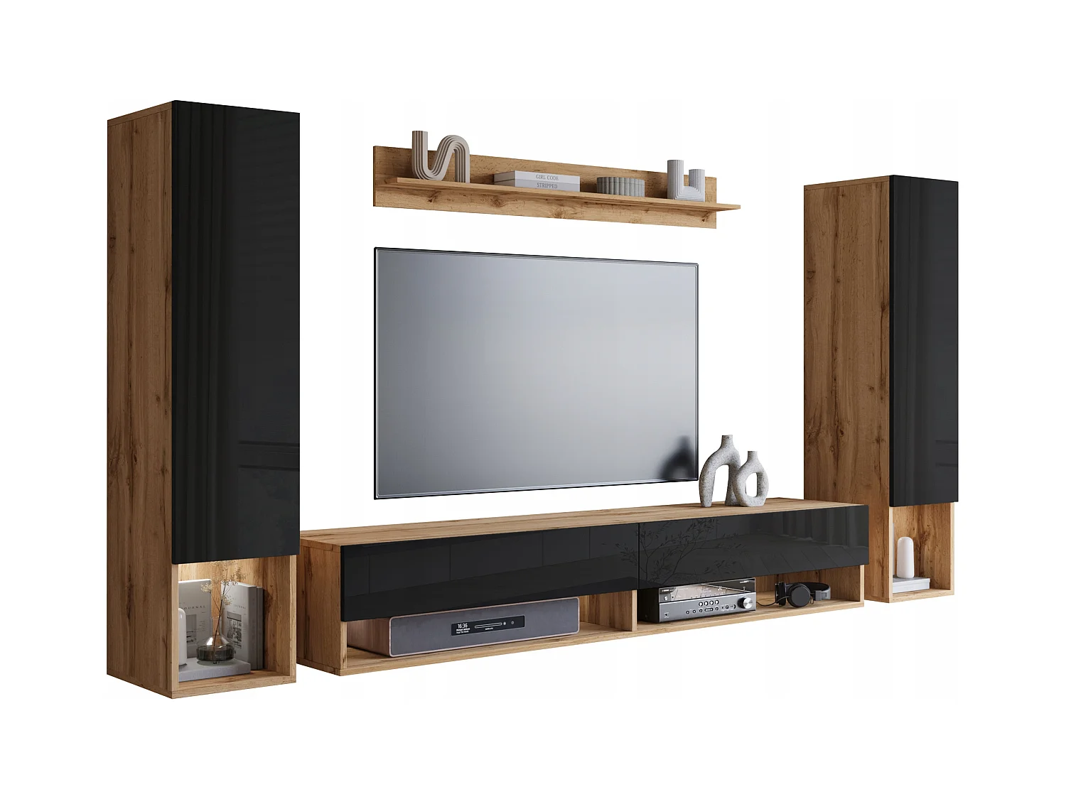 Mur TV moderne avec LED – ensemble mural suspendu pour salon 2 colonnes + meuble TV 180 cm + étagère, corps chêne wotan, façades noir brillant
