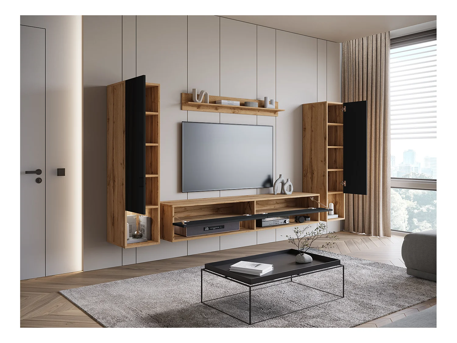 Mur TV moderne avec LED – ensemble mural suspendu pour salon 2 colonnes + meuble TV 180 cm + étagère, corps chêne wotan, façades noir brillant