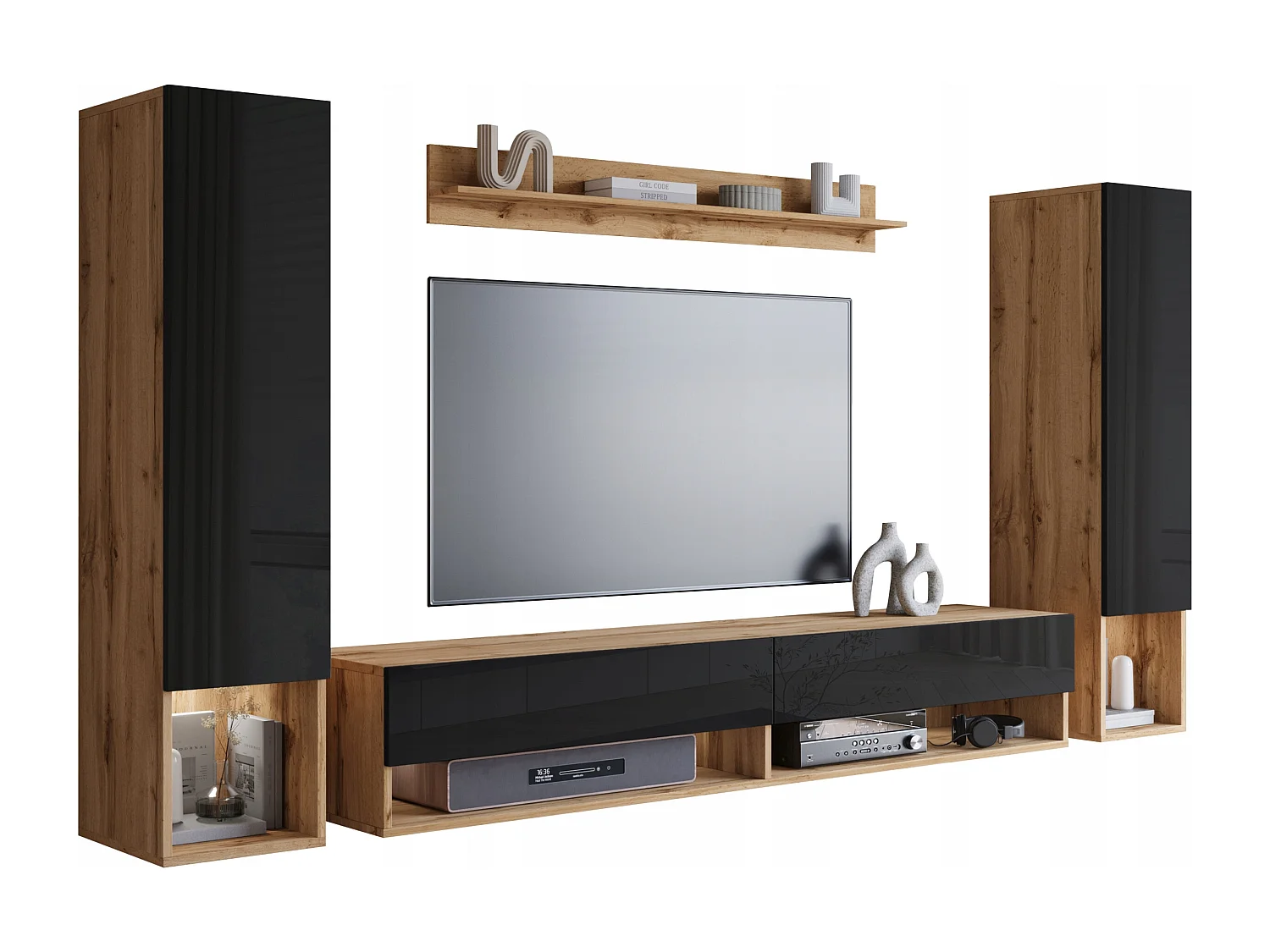 Mur TV moderne avec LED – ensemble mural suspendu pour salon 2 colonnes + meuble TV 180 cm + étagère, corps chêne wotan, façades noir brillant