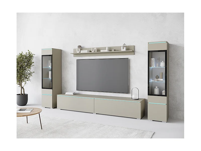 Zestaw mebli do salonu z LED 4 elementy – szafka RTV 180 cm, 2 witryny i półka, meblościanka stojąca lub wisząca kaszmirowy beż
