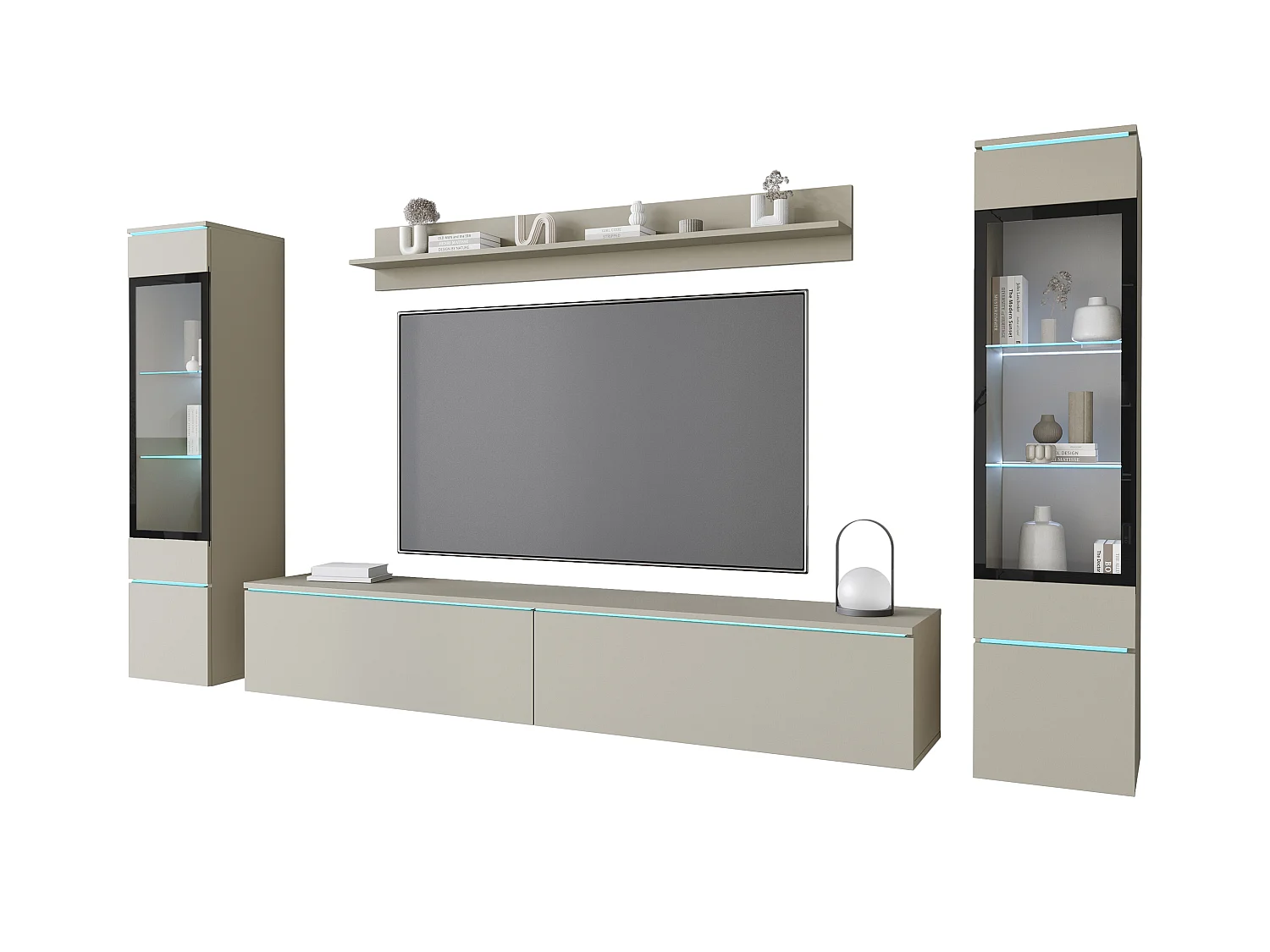 Ensemble de meubles pour salon avec LED 4 éléments – meuble TV 180 cm, 2 vitrines et étagère, composition murale debout ou suspendue, beige cachemire